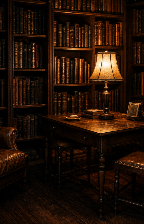 A dim library of old books