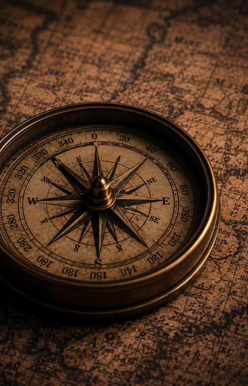 An antique compass resting on a map