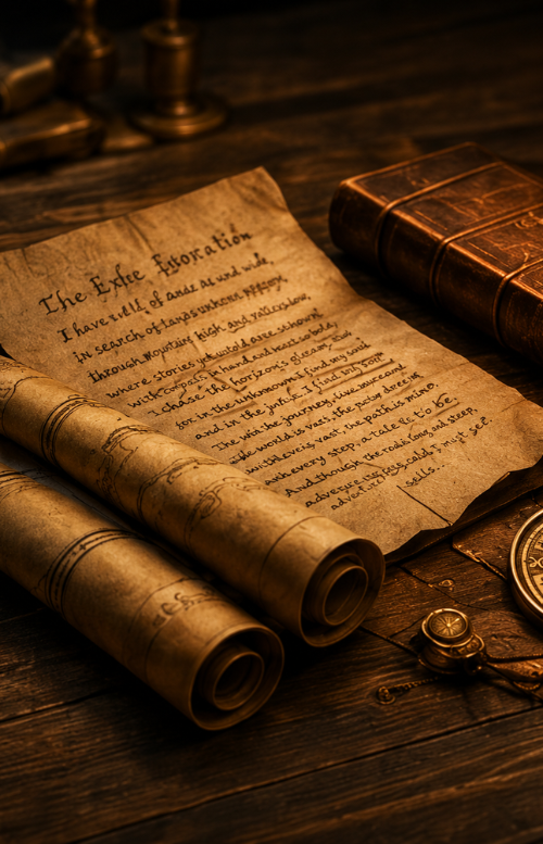 Old scrolls and manuscripts on a desk