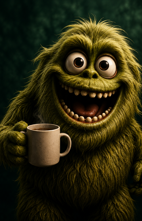 The Scrumpy Monster holding a mug