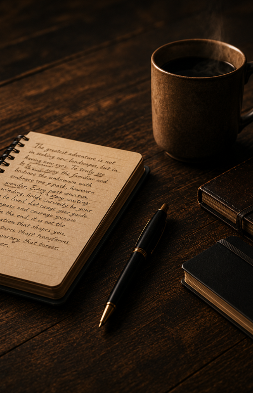 A journal, pen and coffee on a desk