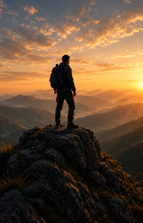 A figure standing on a mountain at sunrise
