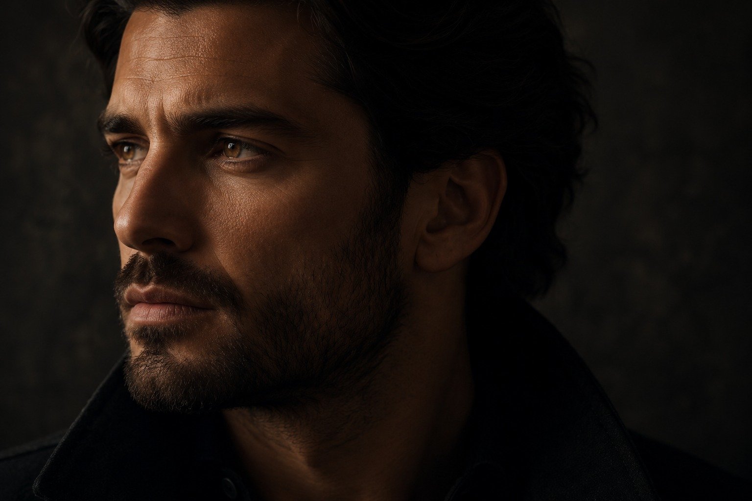 A man in his thirties in profile, lit against a dark background, looking off toward the light