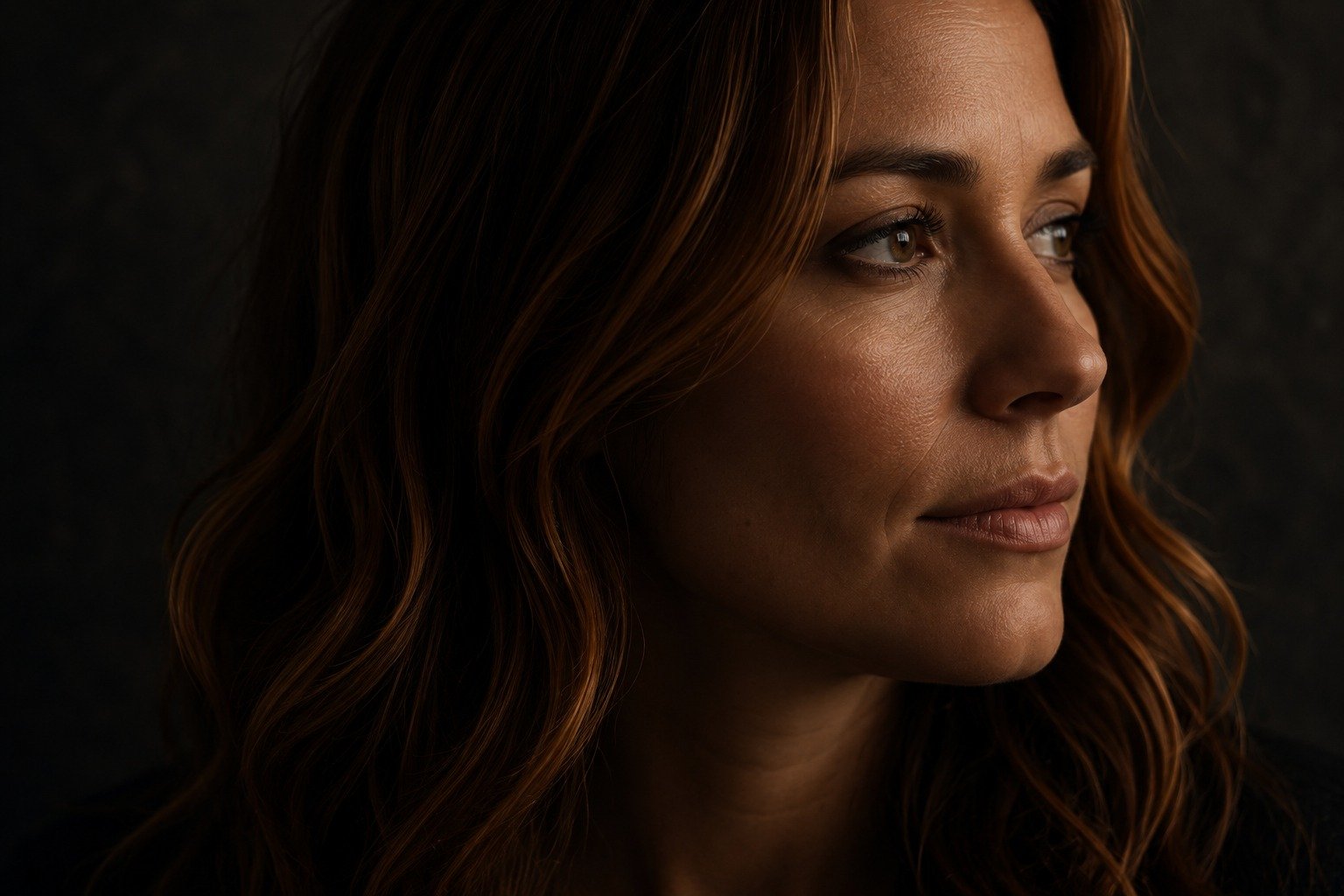 A woman in her thirties in profile, lit against a dark background, gazing steadily ahead