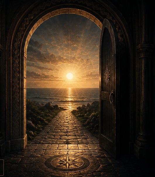 An open door onto a stone path at sunset