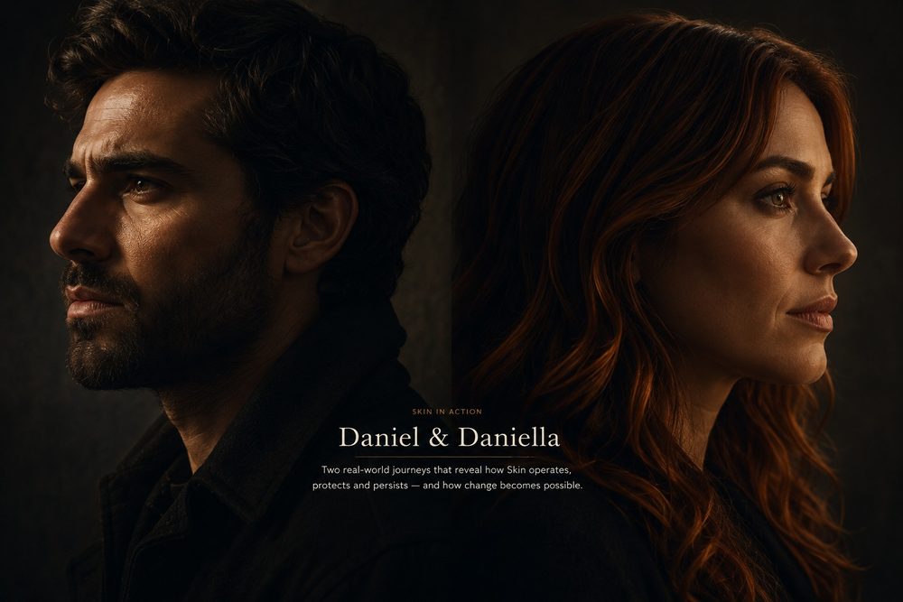 Portraits of Daniel and Daniella in profile, lit against a dark background