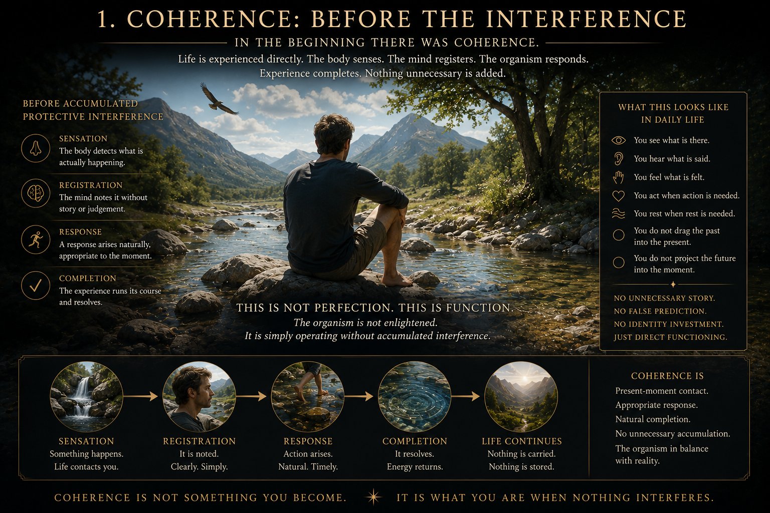 Coherence — before accumulated interference: sensation, registration, response, completion. Life experienced directly, nothing carried forward.