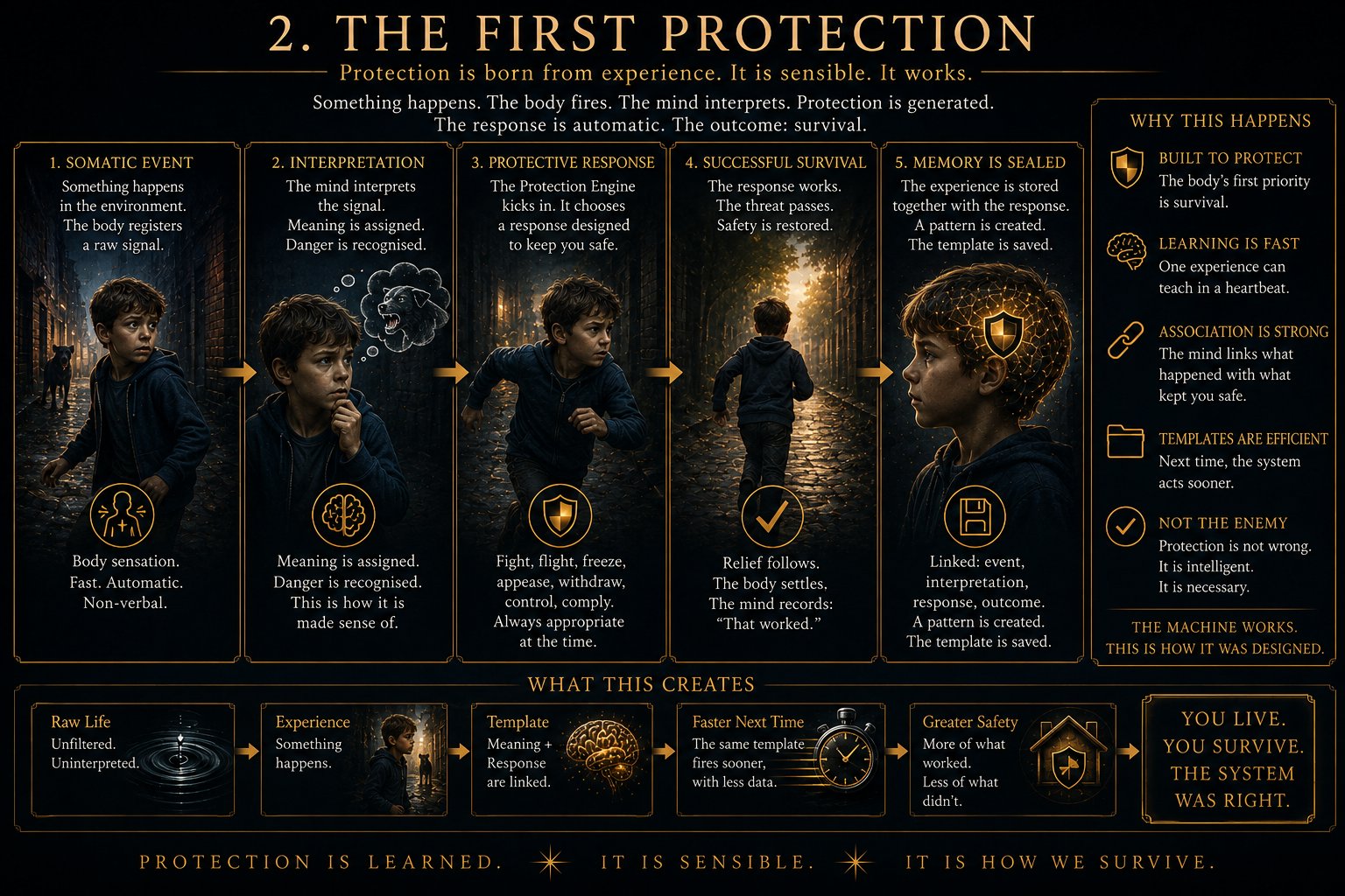 The First Protection — the origin point where the system first learns to protect.