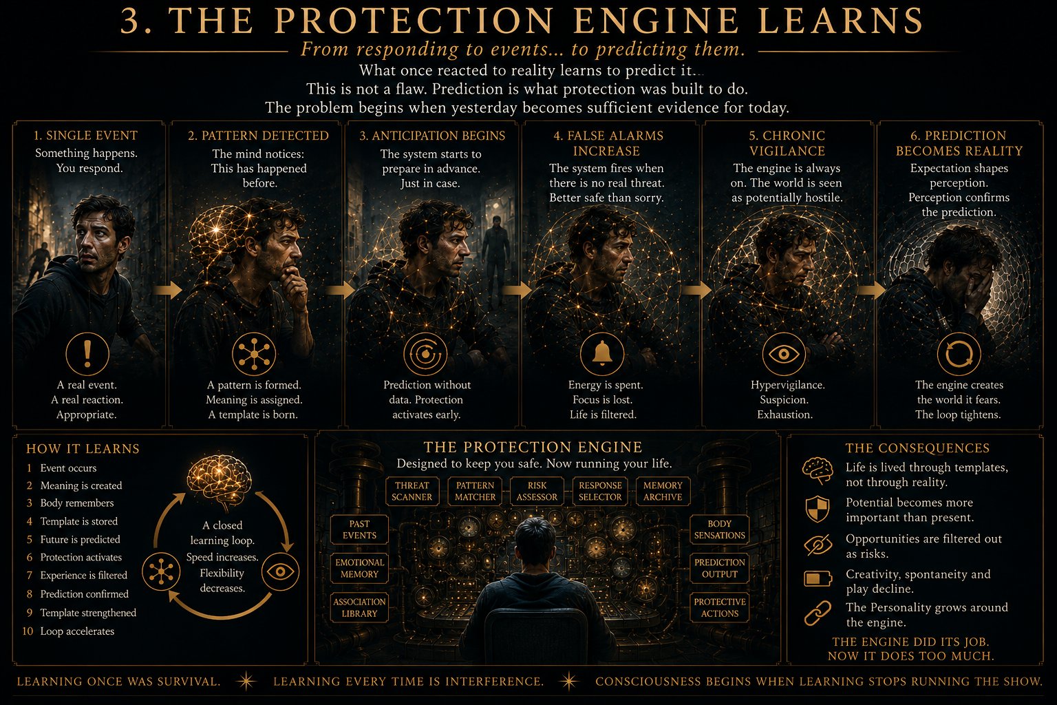 The Protection Engine Learns — a single painful event becomes a pattern the body will run again.