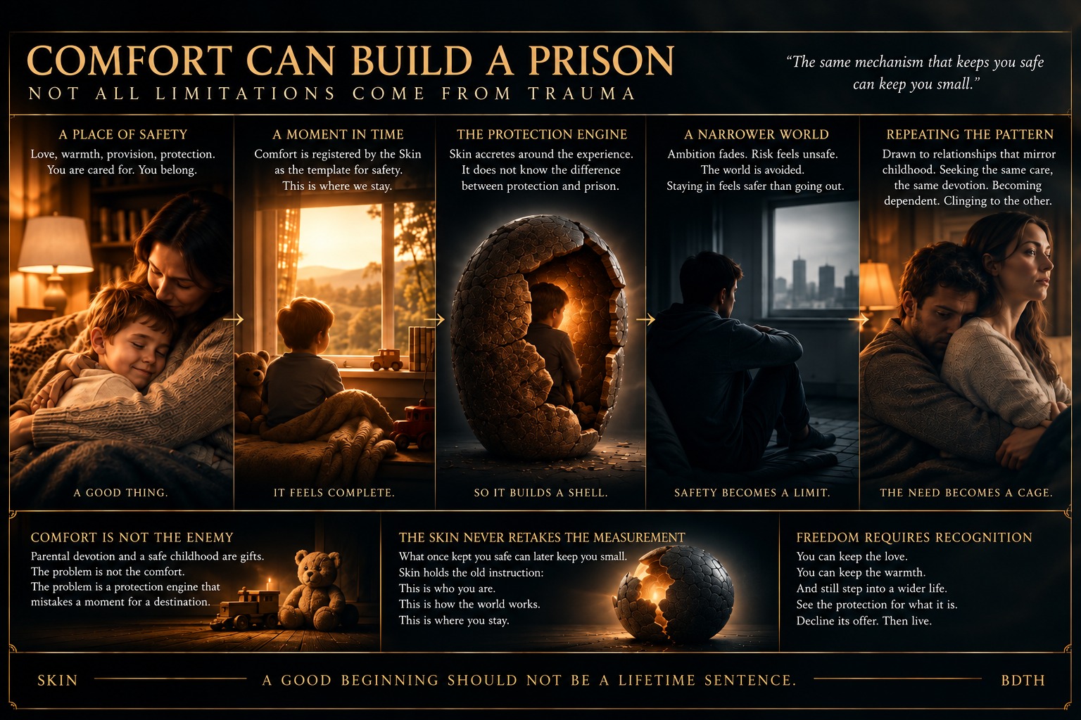 Comfort Can Build a Prison — a safe, loved childhood teaches Skin a template of safety it keeps enforcing decades later.