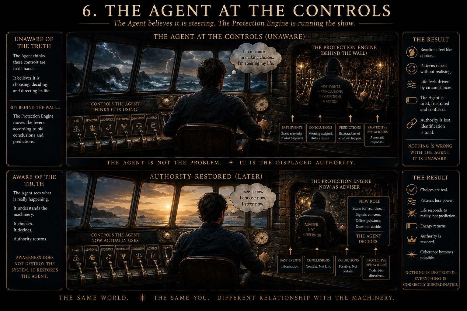 The Agent At The Controls — the console of fear, approval, avoidance, performance, comparison, control.