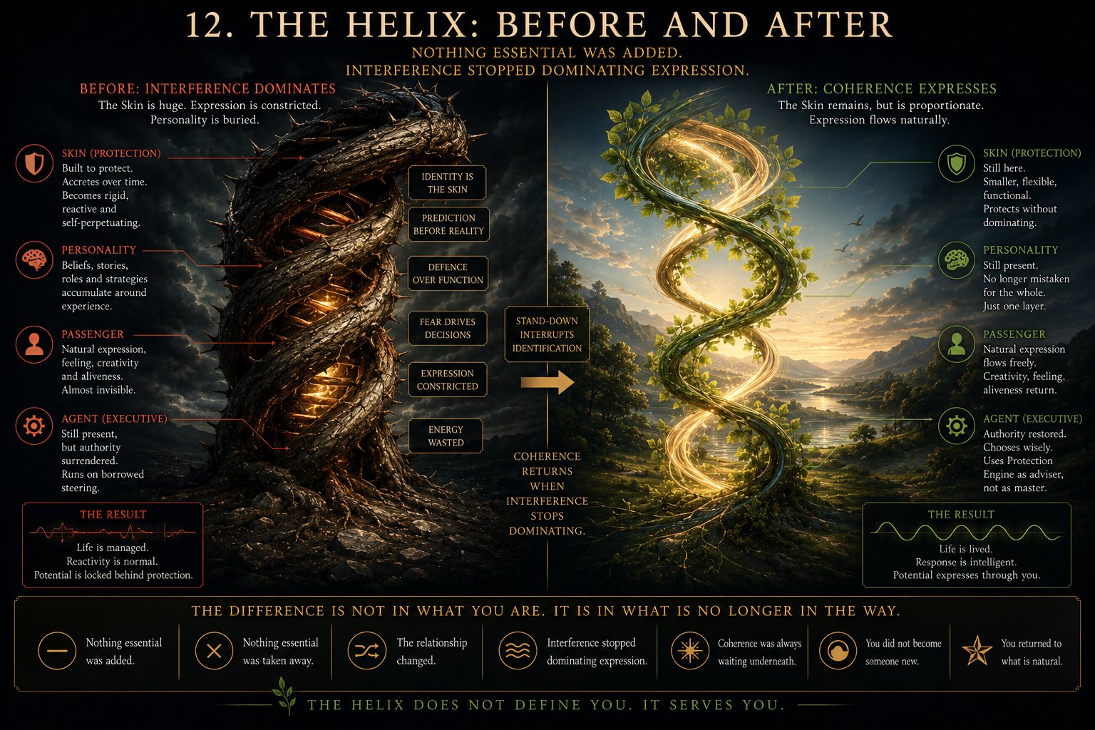 The Helix — Before & After: the shape of the pattern collapsing and rebuilding straight.