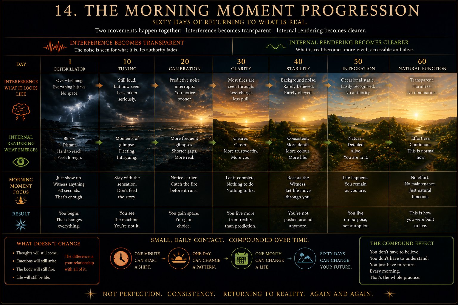 The Morning Moment Progression — the daily practice that moves the Agent from reaction to choice.