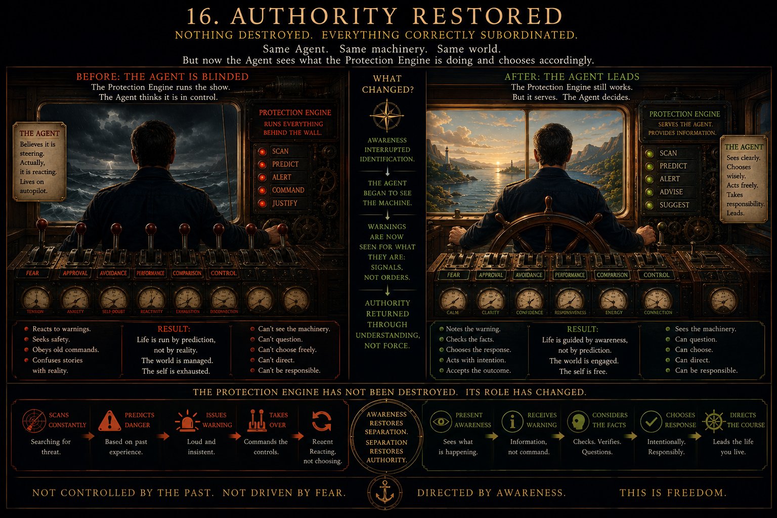 Authority Restored — life guided by awareness, not fear; the Agent leads, the skin serves.