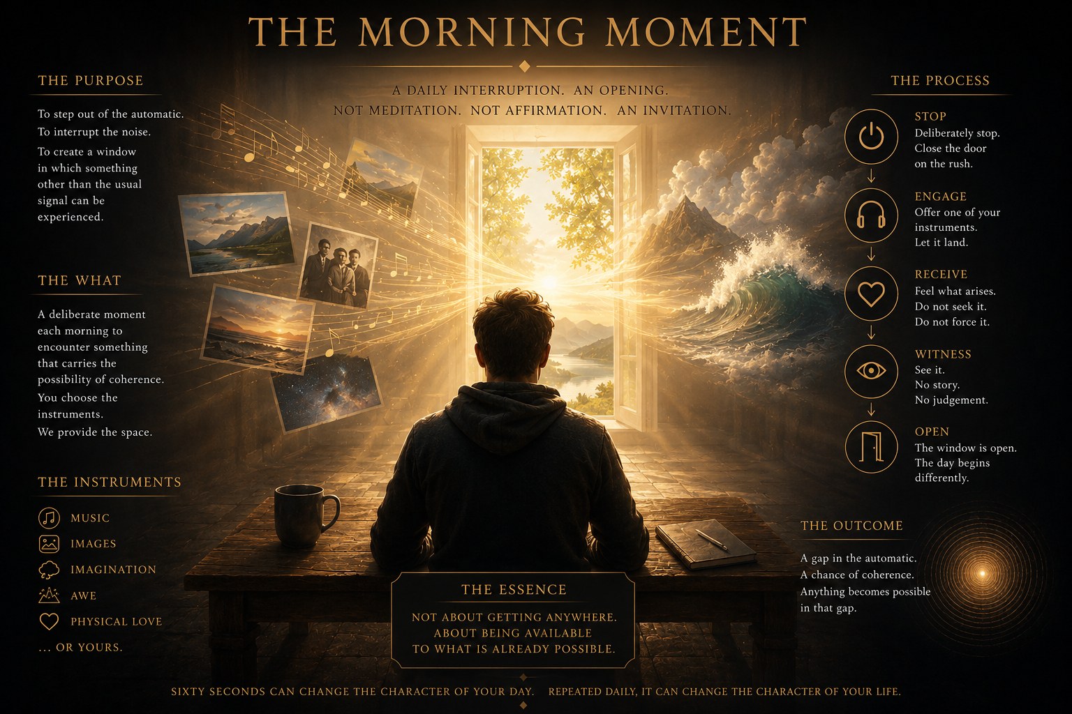 The Morning Moment — a daily interruption, an opening. Not meditation, not affirmation, an invitation. Stop, engage, receive, witness, open.