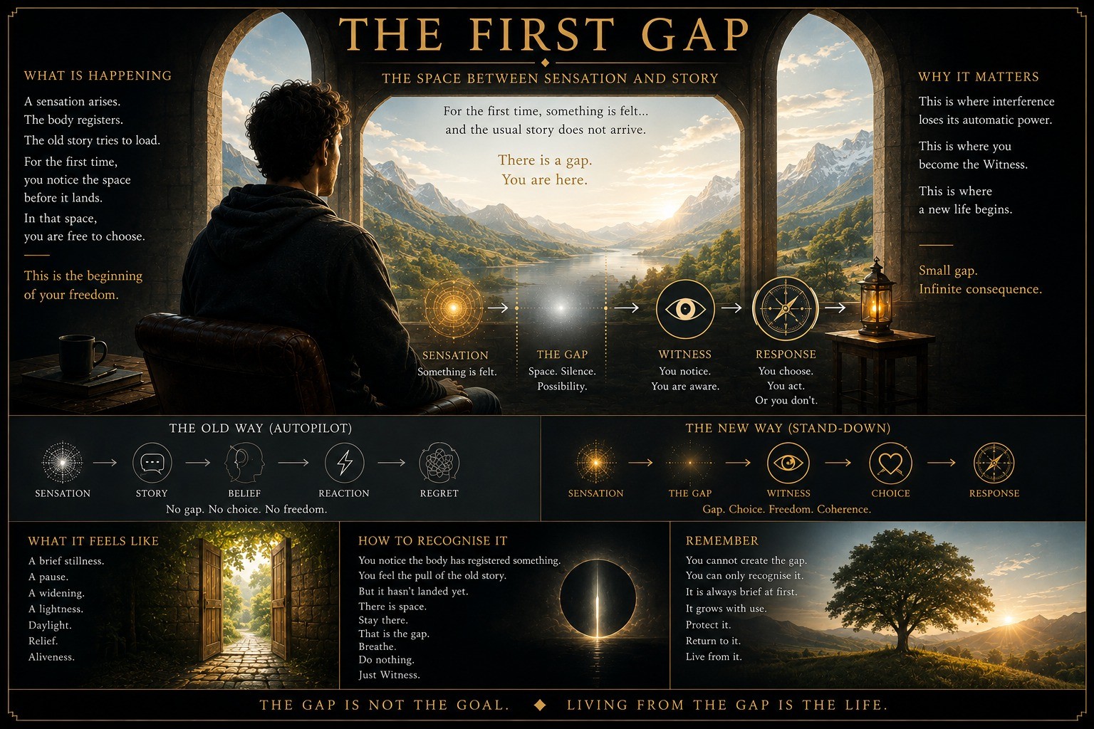 The First Gap — the space between sensation and story, where a new life begins.